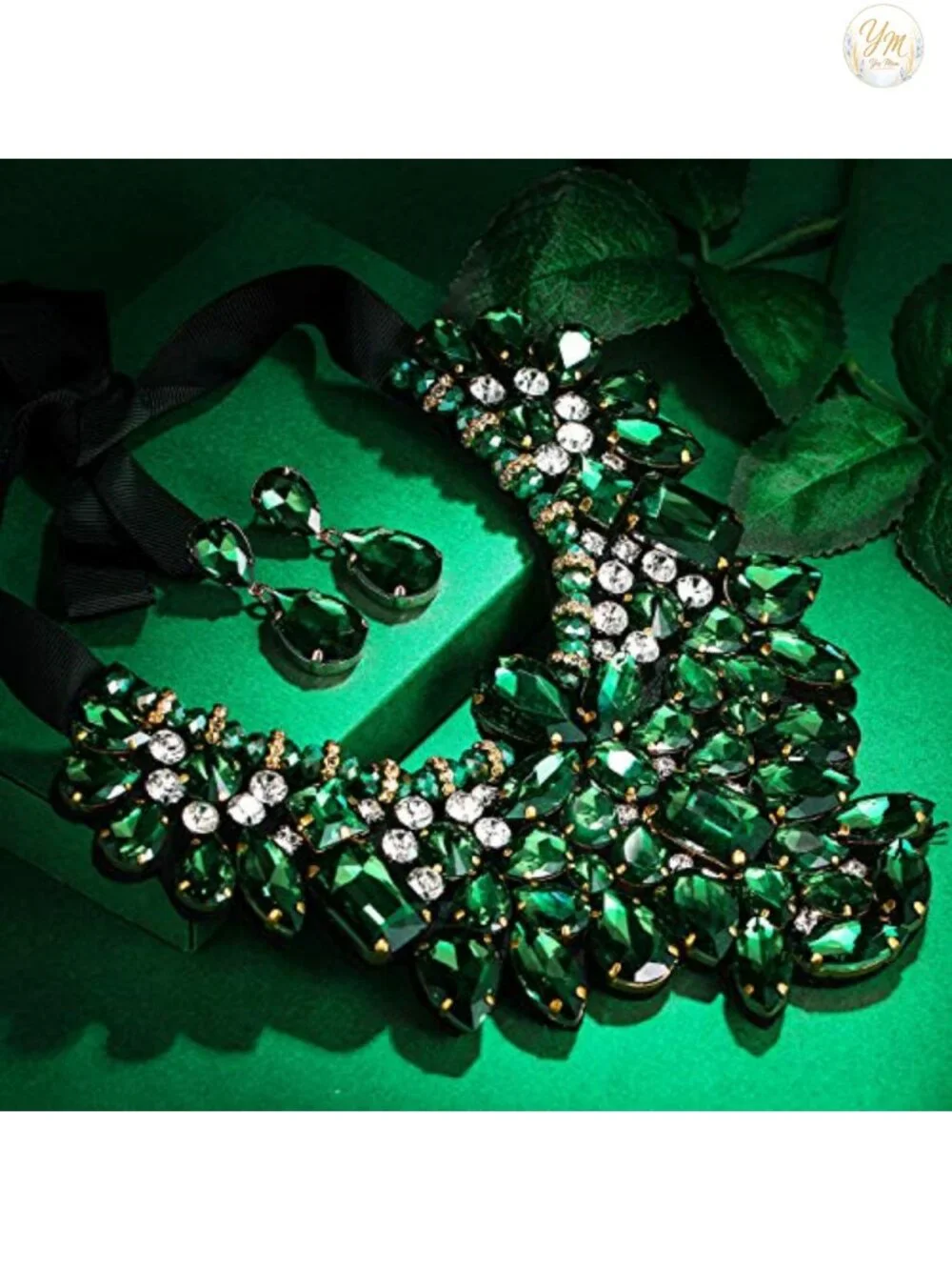 Rhinestone Crystal Statement Necklace Earrings Set with Gift Box, Adjustable